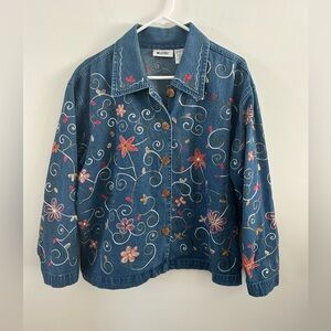 Vintage Units Denim Jacket Woman's XL Blue Embroidered Vines Flowers Jean Boho